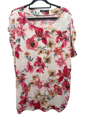 Floral Scoop Neck Tunic in White with Pink & Yellow Blooms